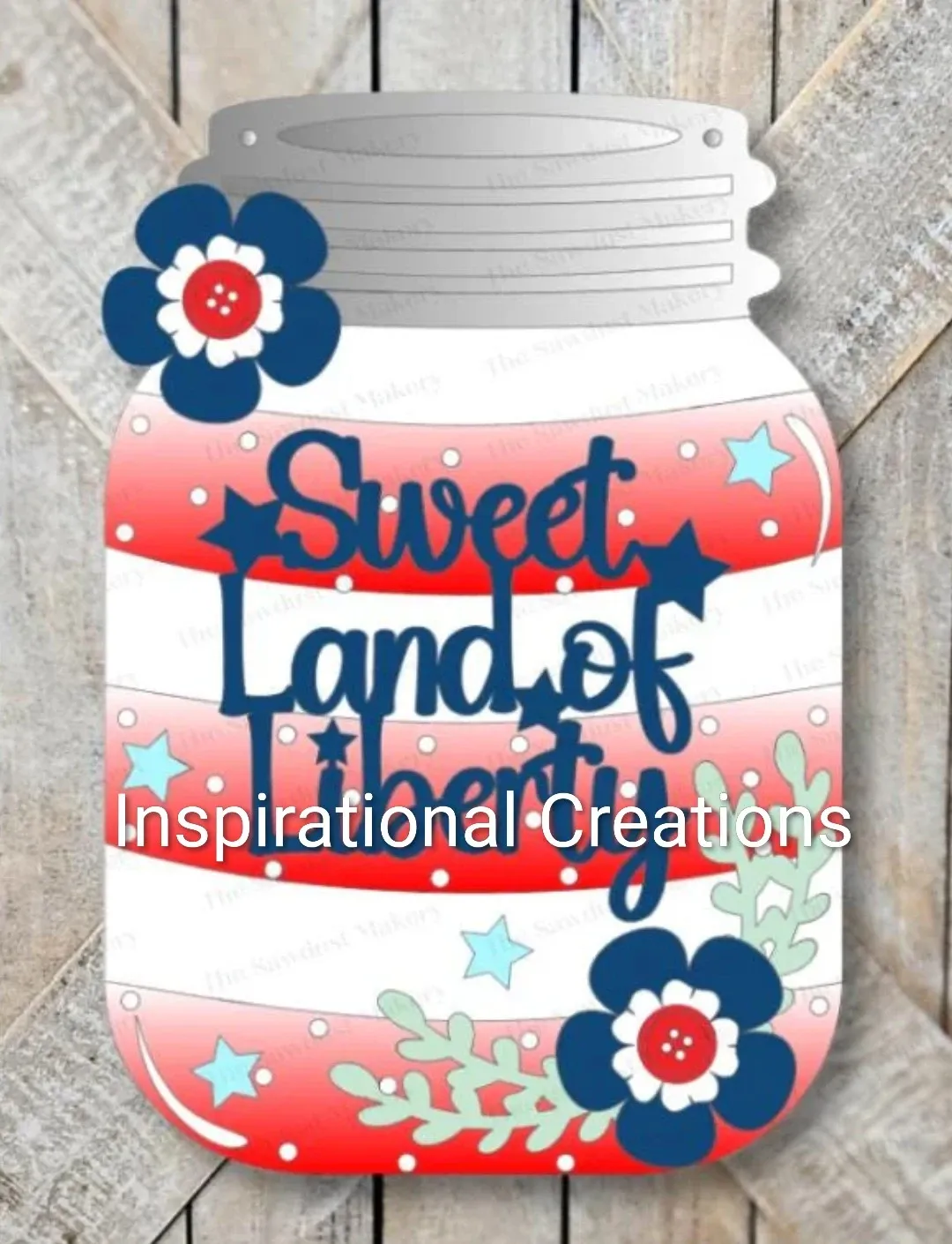 The Sweet Land of Liberty wooden jar has been painted red, white, and blue.